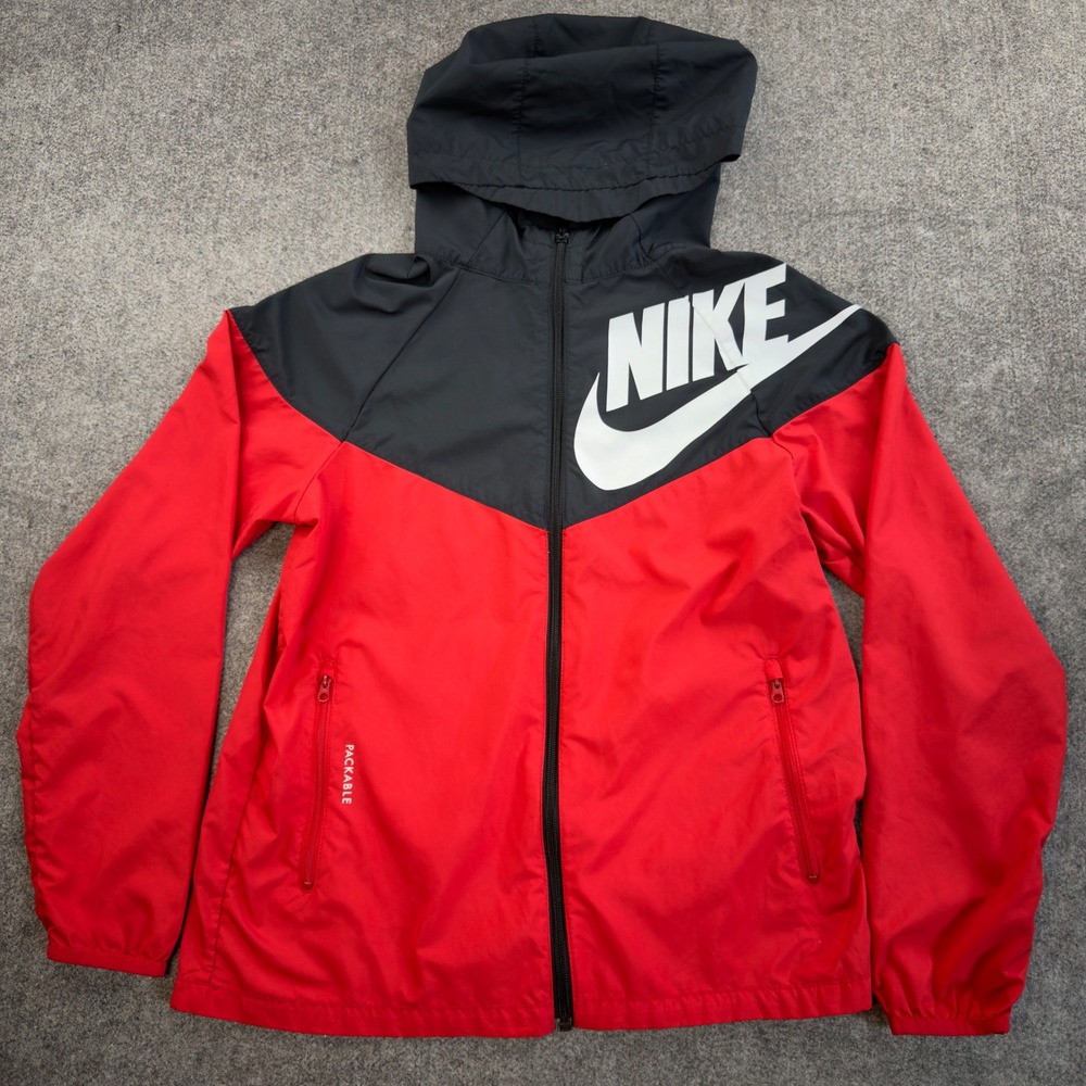 Nike Boys Windrunner Jacket Red Black Packable Hooded Windbreaker Large L